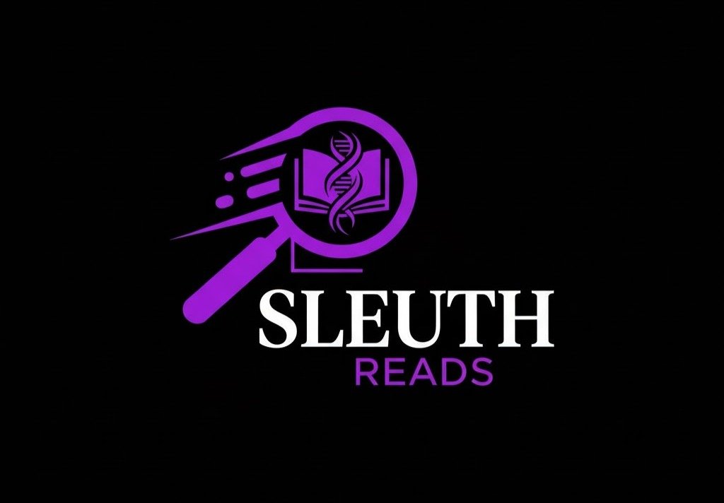 A purple magnifying glass with a DNA strand and book inside. 'Sleuth Reads' is written below in bold white and purple text on a black background.